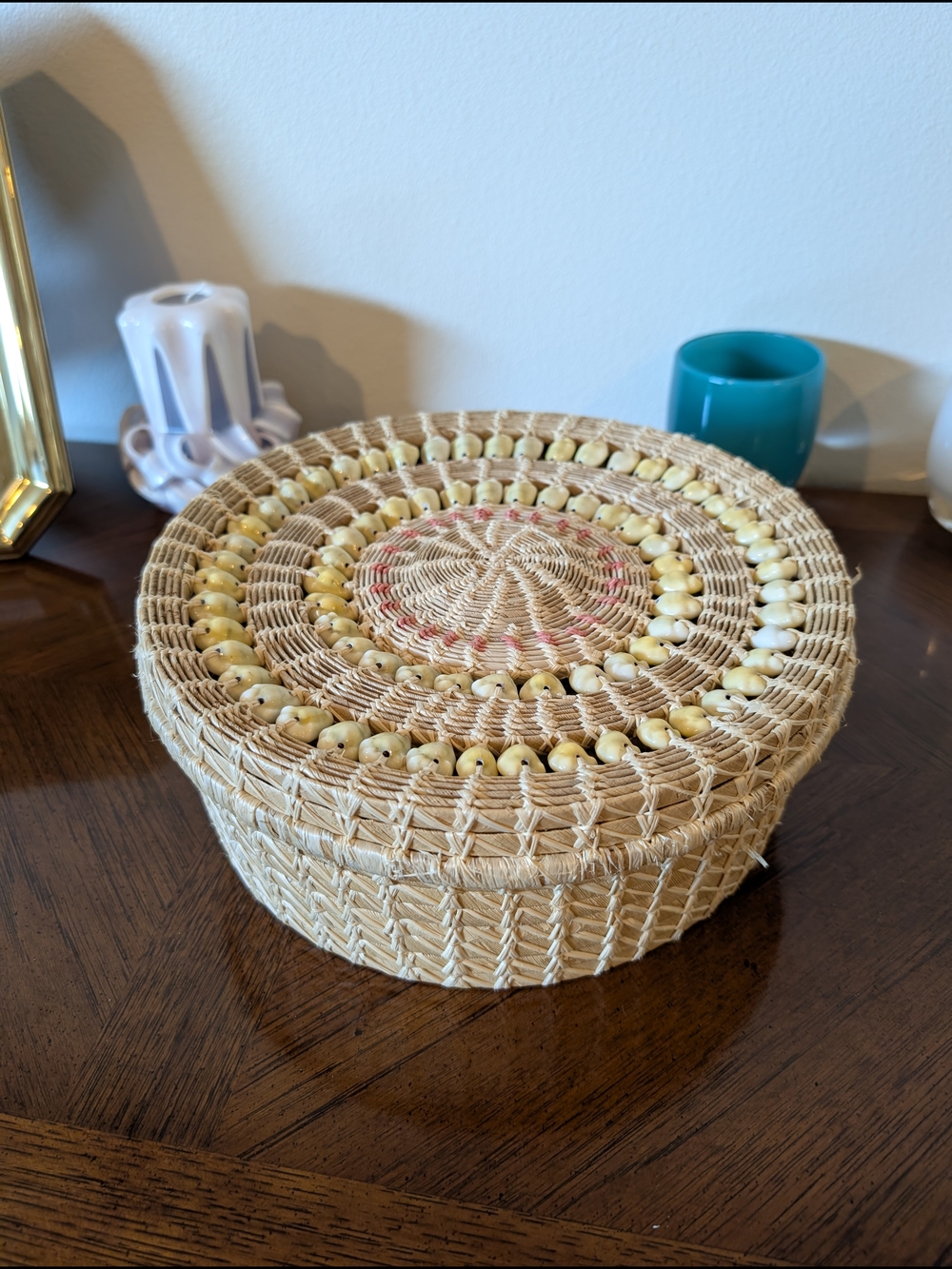 Vintage 1950s Woven Sea Grass 10" Basket with Puka Shell Lid